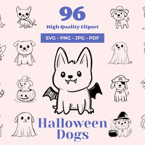 Puede incluir: Una colección de 16 ilustraciones de perros de Halloween en blanco y negro. Las imágenes muestran perros disfrazados de fantasmas, vampiros, vaqueros, piratas y brujas. El texto dice "96 High Quality Clipart" y "Halloween Dogs".