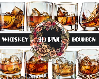 May include: A set of 30 PNG images of whiskey and bourbon glasses with ice cubes. The glasses are clear and filled with amber liquid. The images are perfect for creating digital designs, invitations, or social media graphics.