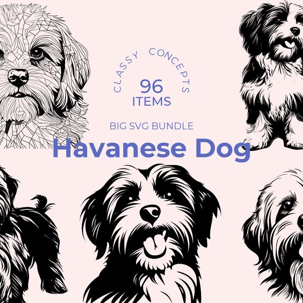 Havaneser Hund SVG-Bundle - 96 Schnittdateien - Verspielte Begleiter Kunst - Sublimation und transparente PNG - Seidige Canine Clipart