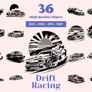 Drift Racing SVG-Bundle - 36 Designs - JDM Auto-Silhouetten für Abziehbilder, Kleidung und Poster - Motorsportdesigns für Cricut und Laserschneiden