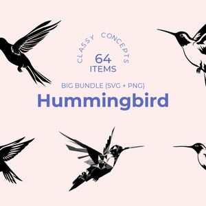 Paquete SVG de silueta de colibrí en blanco y negro: 64 diseños de aves únicos, perfecto para amantes de las aves, artesanos y coleccionistas de SVG