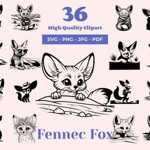 Paquete SVG de zorro fennec: 36 archivos de corte; diseños de zorros del desierto para corte por láser, Cricut y sublimación; vulpino del desierto; diseños de camisetas de zorros