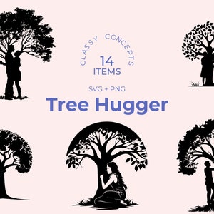 Tree Hugger SVG - 14 archivos de corte - Arte del amor por la naturaleza - Archivos SVG de Cricut - Diseños de silueta - Tema ambientalista - Blanco y negro