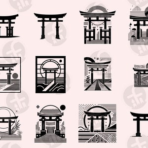 May include: A collection of 12 black and white illustrations of Japanese torii gates. The gates are depicted in various styles, some with geometric patterns and others with more traditional designs. The illustrations are perfect for use in a variety of creative projects, such as website design, social media graphics, and print materials.