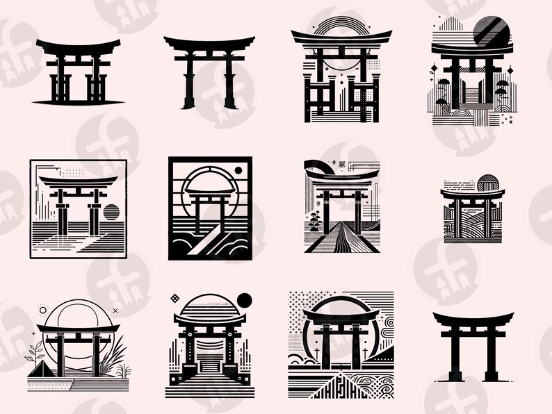 May include: A collection of 12 black and white illustrations of Japanese torii gates. The gates are depicted in various styles, some with geometric patterns and others with more traditional designs. The illustrations are perfect for use in a variety of creative projects, such as website design, social media graphics, and print materials.