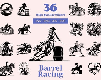 Puede incluir: Un conjunto de 36 ilustraciones vectoriales en blanco y negro de carreras de barriles. Las ilustraciones presentan una variedad de poses de una vaquera montando un caballo alrededor de barriles. Las ilustraciones son perfectas para usar en una variedad de proyectos, como sitios web, redes sociales y materiales impresos.