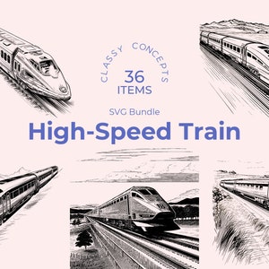 高速列車 SVG バンドル - 36 枚のヴィンテージ彫刻 - カット ファイル - 現代の交通機関、白黒、鉄道の優雅さ、スピードとテクノロジー
