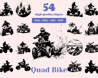 May include: A set of 54 black and white vector illustrations of people riding quad bikes in various settings. The illustrations are in a simple, cartoon style and are perfect for use in a variety of projects.