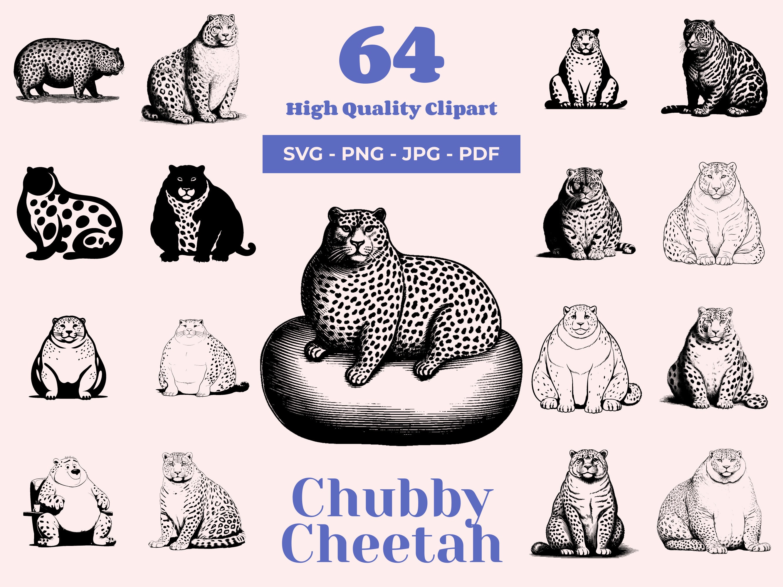 Fat Cheetah SVG Clipart Bundle: 64 Funny Animal Designs (digital ...