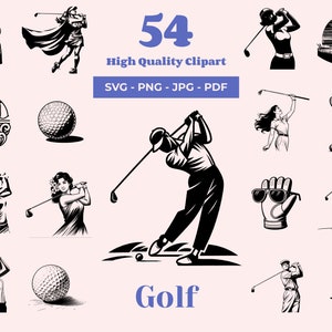 ゴルフ SVG バンドル - 54 のデザイン - ゴルフ クリップアート - 女性ゴルフ選手のシルエット - ゴルフボール - ゴルフバッグ - ゴルフトロフィー - レーザーファイル - Cricut svg