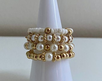 Pearl and Gold Beaded Stacking Rings Set, Beaded Rings, Minimalist Jewellery, Boho & Hippie Rings, Gifts for Her, Pearl Jewellery