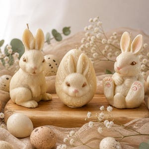 Könnte beinhalten: Drei elfenbeinfarbene Osterhasenkerzen und gesprenkelte Eier, die auf einem Holzbrett und drapiertem Stoff angeordnet sind. Die Kerzen umfassen zwei sitzende Hasen und eine eiförmige Kerze mit einem Hasengesicht. Zarte weiße Blumen und Grünzeug vervollständigen das Frühlingsmotiv.