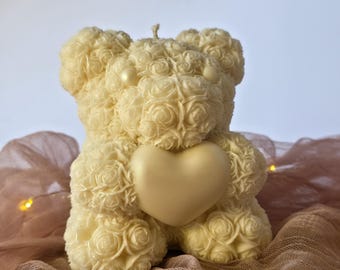 Rose Teddy Bear Candle, Romantic Soy Candle, Floral Bear Candle, Hand Poured Eco Friendly Candle, Gift for Her, Vegan Candle, Weissheim