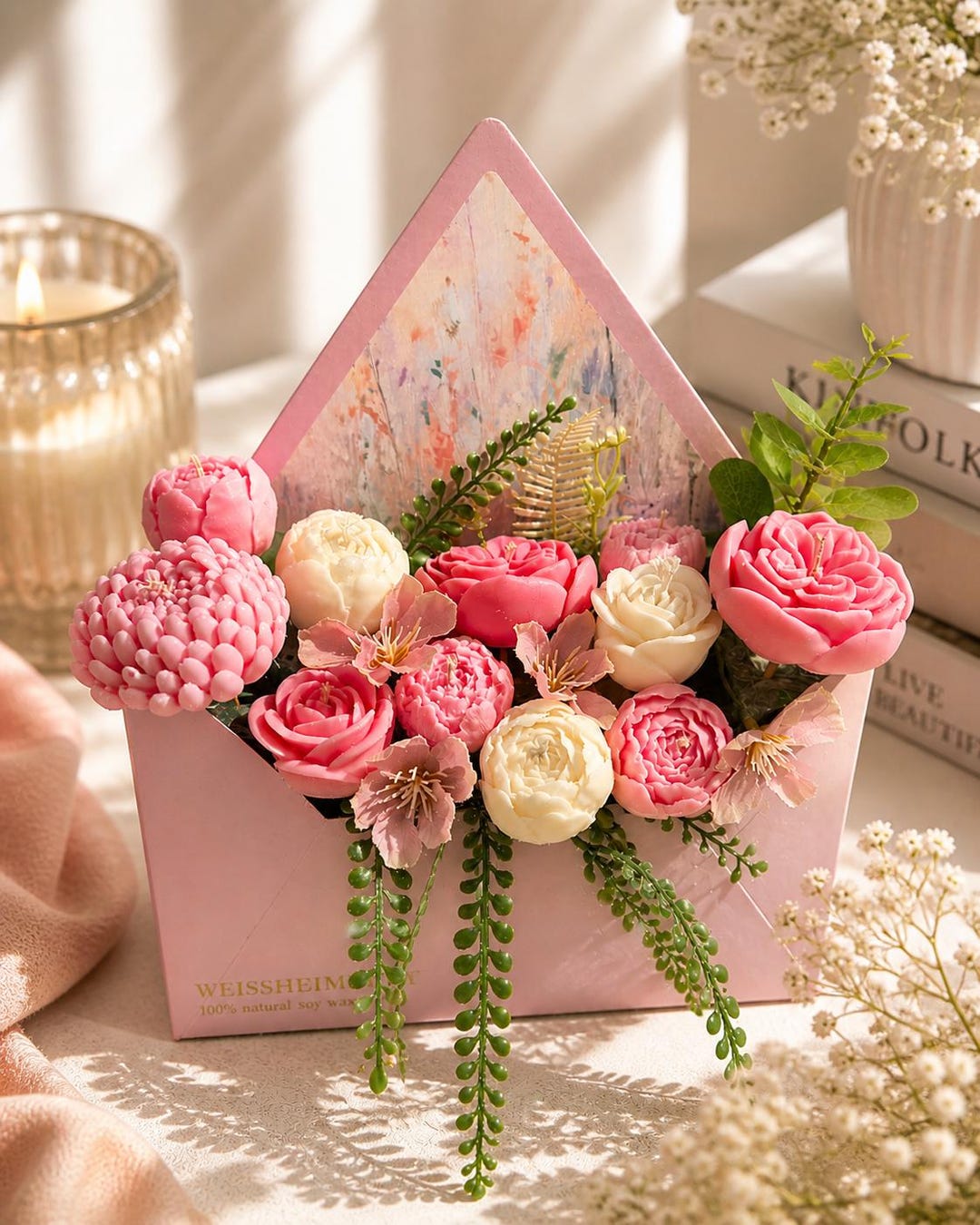 Luxury Soy Wax Flower Bouquet Candle in Envelope Box – Handmade Floral ...