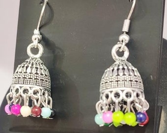 Oxidized Silver Plated   jhumka / Jhumki Earrings jewelry women with color beads