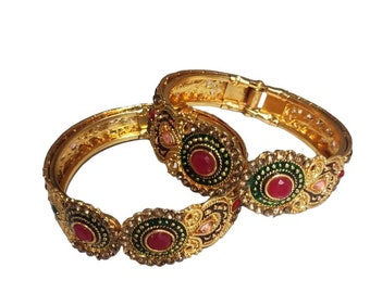 Gold Bangle set, Wedding inlay Bangles, Antique Bangles, Indian Imitation Ruby Gold Plated Brass Bangle