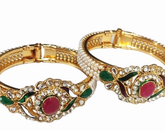 Gold Bangle set, Wedding inlay Bangles, Antique Bangles, Indian Imitation Ruby Gold Plated Brass Bangle with Pearl