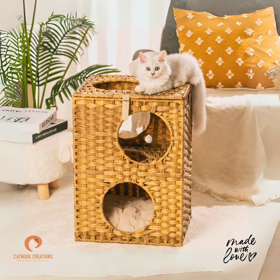 Wicker Cat House Cat Bed With Rattan Ball and Cushion for Etsy