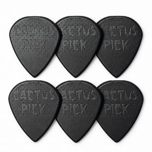 May include: Six black guitar picks arranged in two rows of three. Each pick features a textured surface with small dots and the embossed text CACTUS PICK centred on the front. The picks have a standard teardrop shape with a pointed tip.