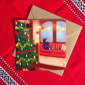 Carte de vœux "Noël sur le canapé" avec enveloppe, illustration originale française - Kawaii - Joyeux Noël