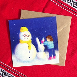 Carte de vœux de Noël Lapin et Bonhomme des neiges avec enveloppe, illustration originale française - Kawaii, humoristique
