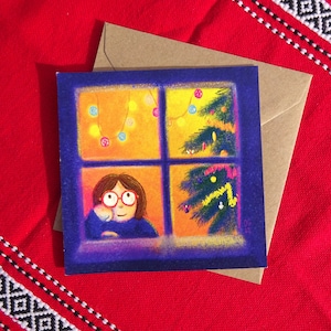 Carte de vœux "Noël à la fenêtre" avec enveloppe, illustration originale française - Kawaii - Joyeux Noël