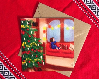 Carte de vœux "Noël sur le canapé" avec enveloppe, illustration originale française - Kawaii - Joyeux Noël