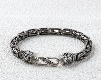 Pulsera de cadena bizantina de plata de ley oxidada, estilo gótico vintage, para hombre y mujer, 5,5 mm