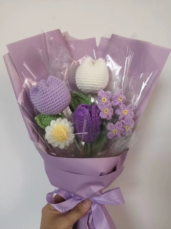 Purple Handmade Crochet Tulip Bouquet, Knitted Flowers, Crochet  Flower,mother's Day Gift, Home Decor, Gift for Her 