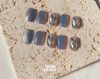 24 Pieces Full Size Ocean Blue Diamond Pastel Press On Nail| Korean Fake Nail| Glue On Nail| Short Nail| Stick On Acrylic Nail