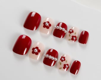 24 Pieces Full Size Red Flower Pearl Pastel Short Press On Nail| Fake Nail| Glue On Nail| Short Nail| Stick On Acrylic Nail