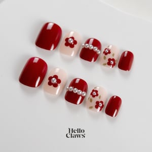 24 Pieces Full Size Red Flower Pearl Pastel Short Press On Nail| Fake Nail| Glue On Nail| Short Nail| Stick On Acrylic Nail