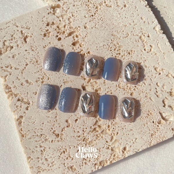 24 Pieces Full Size Ocean Blue Diamond Pastel Press On Nail| Korean Fake Nail| Glue On Nail| Short Nail| Stick On Acrylic Nail