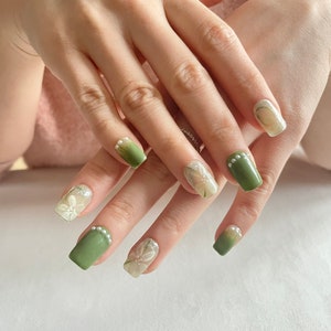 Green Cherry Flower Press On Nails | Pearl Stick on Nails | Glue on Nails | Pastel Pink Nails | False Nails | Fake Nails