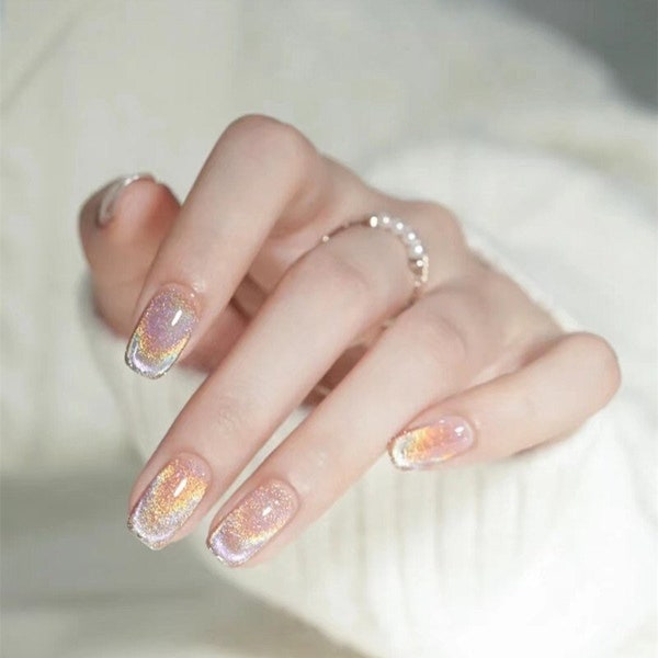 24 Pieces Full Size Rainbow Cat Eye Short Pastel Glitter Press On Nail| Korean Fake Nail| Glue On Nail| Short Nail| Stick On Acrylic Nail