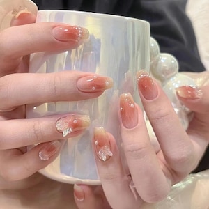 24 Pieces Full Size Pink Blush Butterfly Sliver Cat Eye Wedding Medium Square Glitter Press On Nail| Korean Fake Nail| Glue On Nail
