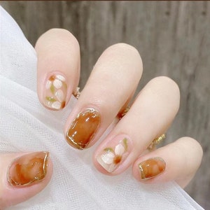 24 Pieces Full Size Summer Flower Pearl Short Pastel Press On Nail| Korean Fake Nail| Glue On Nail| Short Nail| Stick On Acrylic Nail
