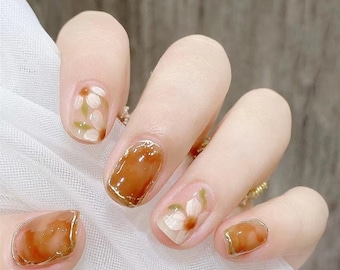 24 Pieces Full Size Summer Flower Pearl Short Pastel Press On Nail| Korean Fake Nail| Glue On Nail| Short Nail| Stick On Acrylic Nail