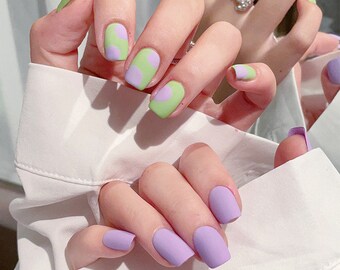 Green Purple Dots Pastel Press On Nail| Korean Fake Nail| Glue On Nail| Short Nail| Stick On Acrylic Nail