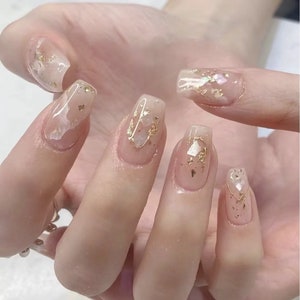 24 Pieces Full Size Shell Smudge Medium Square Pastel Glitter Press On Nail| Korean Fake Nail| Glue On Nail | Stick On Acrylic Nail