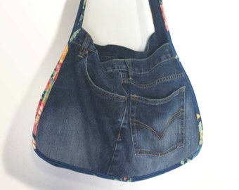 Recycled denim shoulder tote bag with floral trim