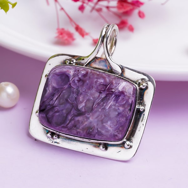 Ravishing Charoite Pendant, Rectangle Shape, Purple Gemstone, Healing Stone, 925 Sterling, Handmade Silver Jewellery, Gifts Jewellery, L-351