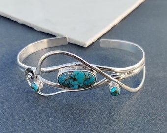 Bracciale turchese di rame blu, argento sterling 925, braccialetto di pietre preziose, braccialetto fatto a mano, gioielli turchese blu, braccialetto da donna, braccialetto regolabile