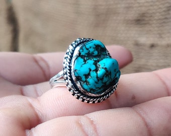 Raw Turquoise Ring, 925 Sterling Silver Ring, Raw Stone Ring, Bohemian Ring, Turquoise Ring, Chunky Turquoise Ring, Jewelry Gift For Her