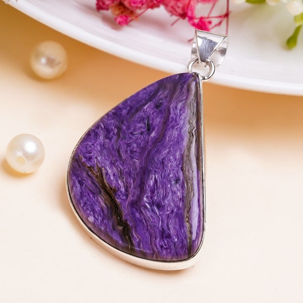 Charoite Pendant, Expensive Gemstone, Purple Colour, 925 Sterling Silver Handmade Necklace, Nice Pear Shape, Amazing Gifts Jewellery, L-254