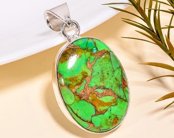 Green Copper Turquoise Pendant, Oval Simple Shape, 925 Sterling Silver Jewellery, Natural Turquoise, Handmade Design Gift For Women, L-541