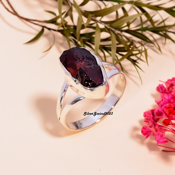 Raw Garnet Ring, 925 Sterling Silver, Handmade Ring, Gemstone Ring, Silver Band Ring, Garnet Jewelry, Women Ring, Wedding Ring, Gift for her