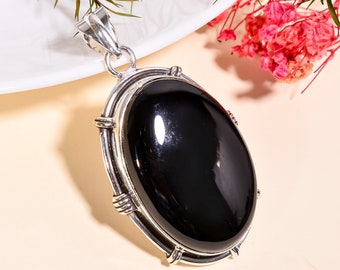 Black Onyx Pendant, Natural Black Gemstone, 925 Sterling Silver Pendant, Daily Wearing Necklace, Handmade Jewellery, Gift Pendant, L-453