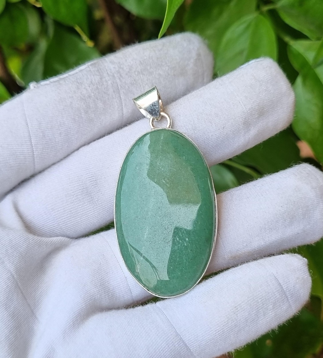 Green Jade Pendant, 925 Sterling Silver Pendant, Oval Pendant, Simple