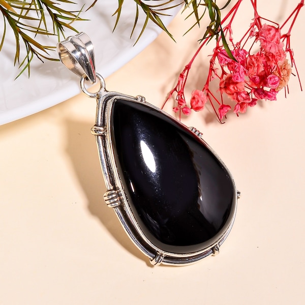 Natural Black Onyx Pendant, Large Gemstone Necklace, 925 Sterling Silver, Handmade Pendant, Silver Pendant, Anniversary Gift Pendant L-495